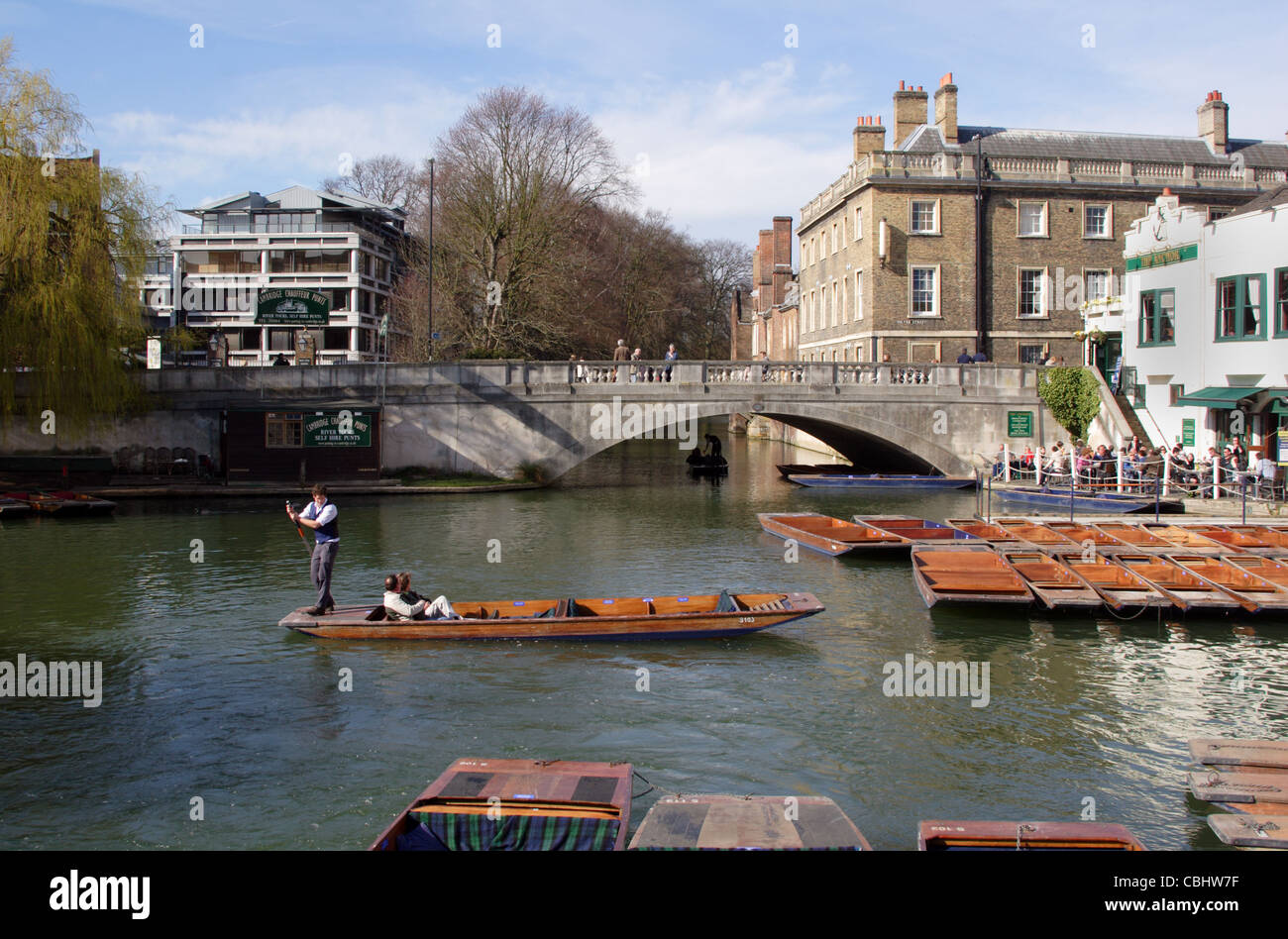 Traditional Punts for hire along River Cam, Cambridge, England, UK Stock Photo