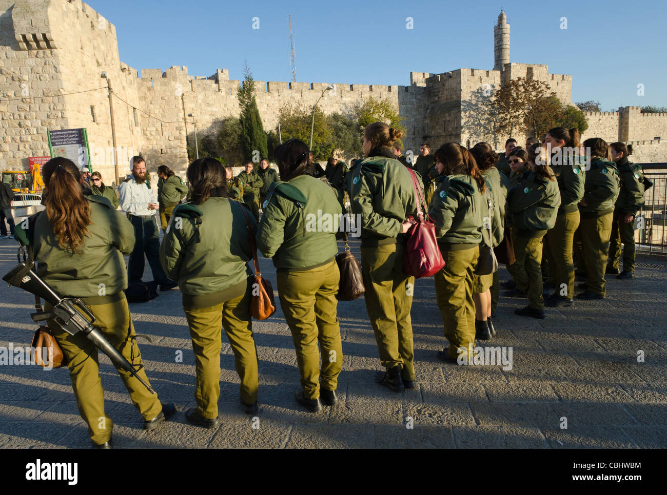group of female soldiers at entrance to Old City. Jaffa gate. Jerusalem. Israel Stock Photo