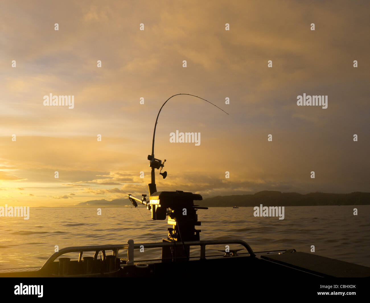 Salmon fishing with a downrigger, Sekiu,Washington at sunrise Stock