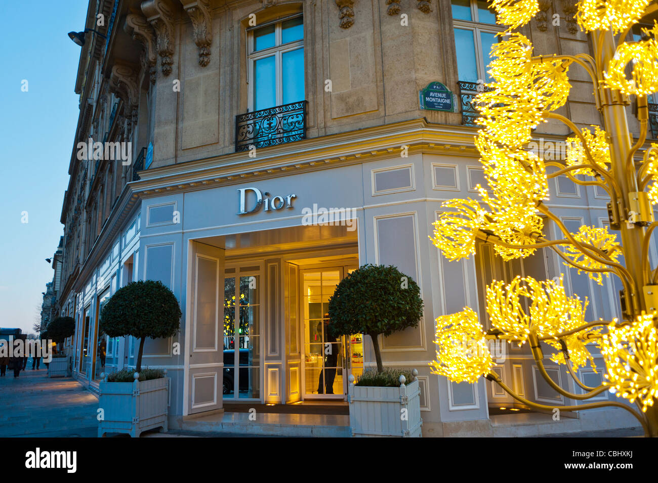 Paris, France, Luxury Christmas Shopping, "Christian Dior" Store, Store Front Entrance with LED Christmas Tree Decorations Display on Street Stock Photo