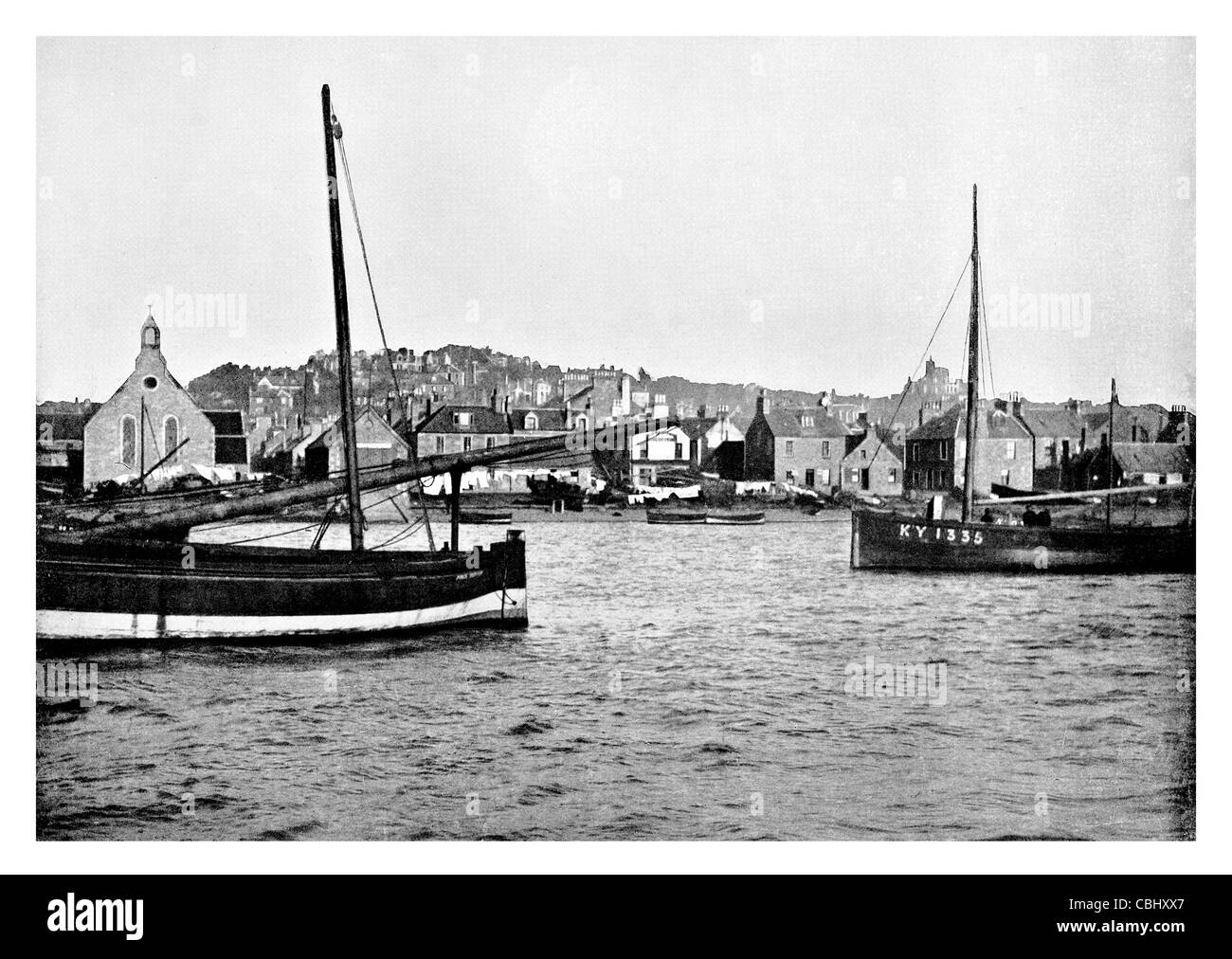 Broughty Ferry Scotland Dundee fishing fleet Lifeboat Mona ship boat port dock mooring church chapel harbour Stock Photo