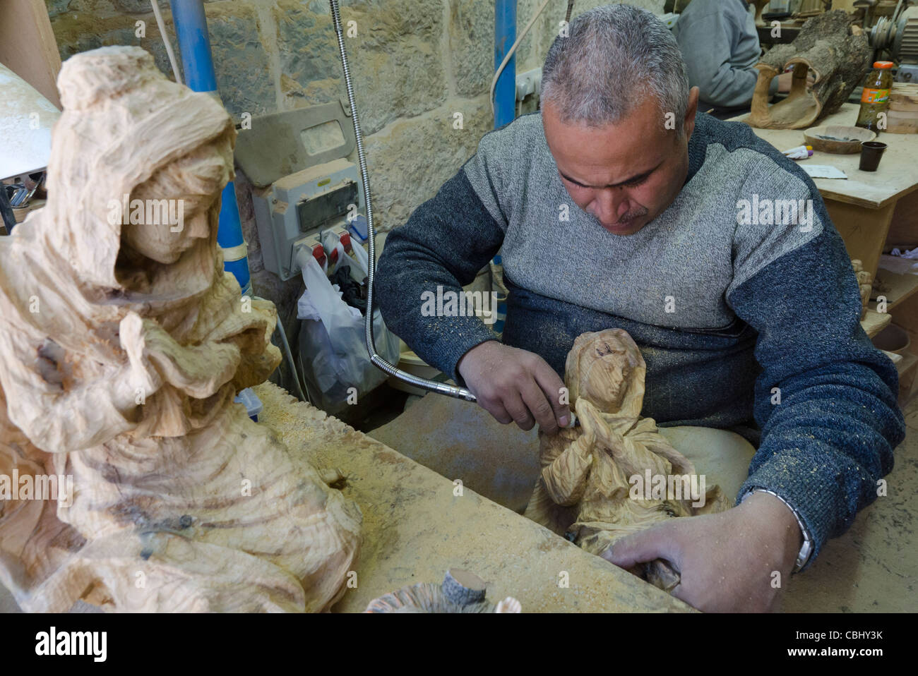 Olive wood workshop for religious items. manger Square. bethlehem Stock Photo