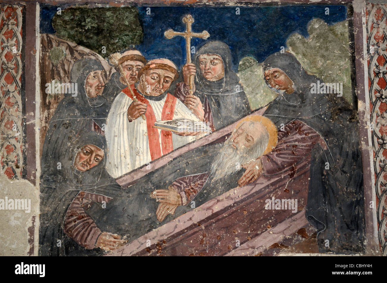 Death of Saint Anthony the Hermit (c468-c520), Fresco or Wall Painting, St Anthony's Chapel, Clans, Tinée Valley, Alpes-Maritimes, France Stock Photo