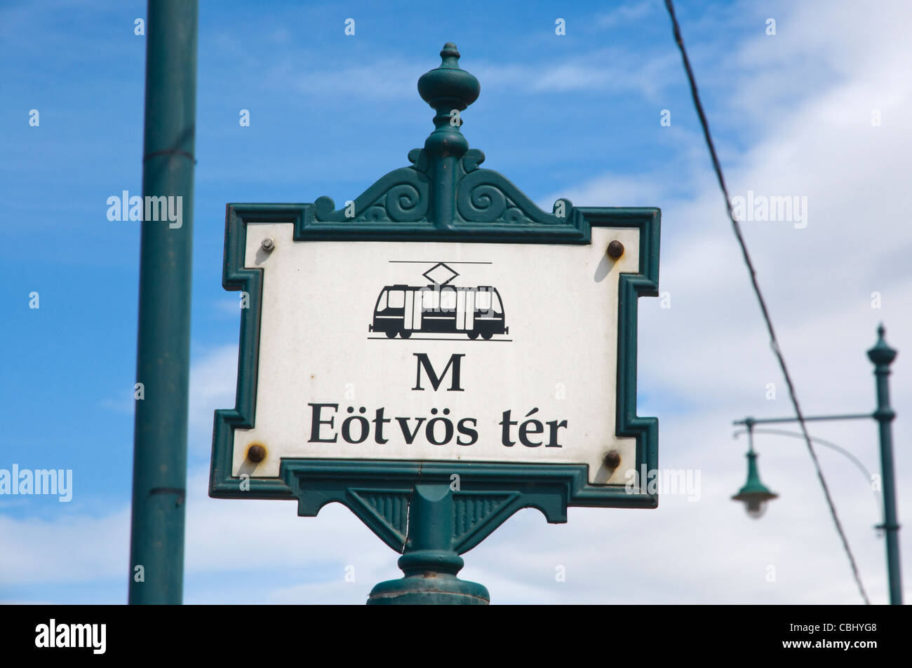 Tram stop sign for tram line number 2 in Belvaros central Budapest Hungary Europe Stock Photo