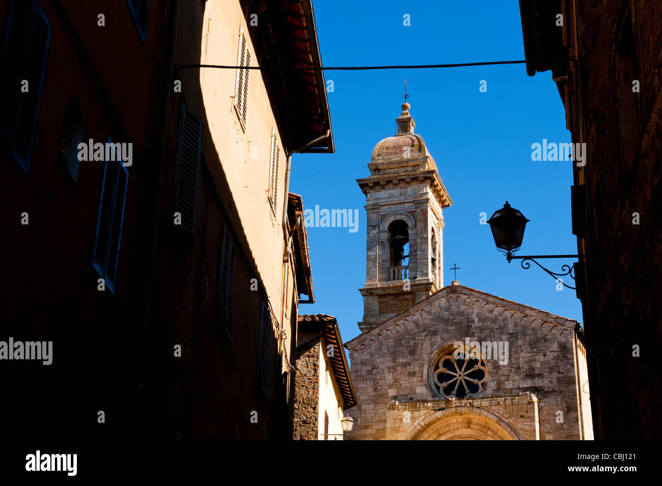 View of the Collegiate (Church) of San Quirico and Giulitta, in Val D' Orcia, World Heritage listed site, Tuscany, Italy Stock Photo