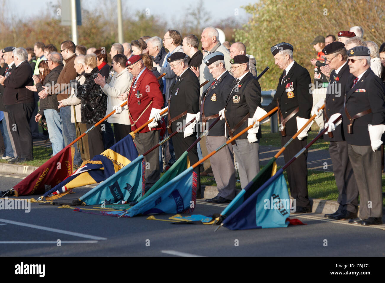Standard bearers at the repatriation memorial in Carterton, Oxfordshire