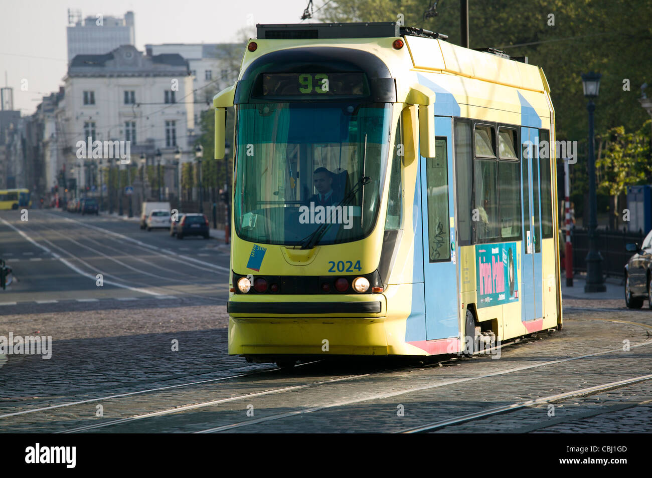 A tram works on route 93 in Upper Town in Brussels, Belgium. Stock Photo