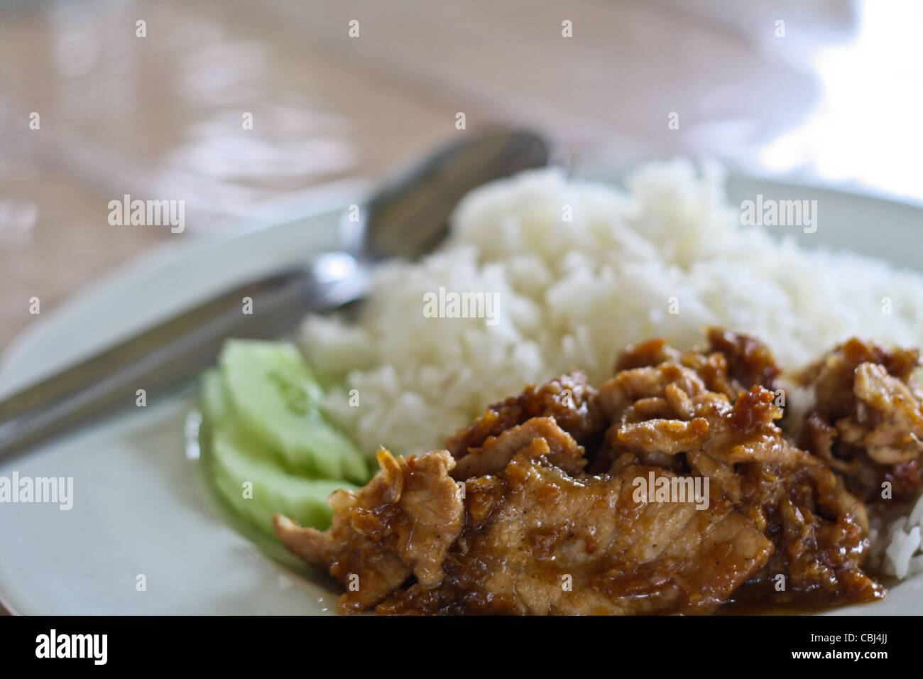 Pork fried rice, garlic, white pepper on a dish. Stock Photo