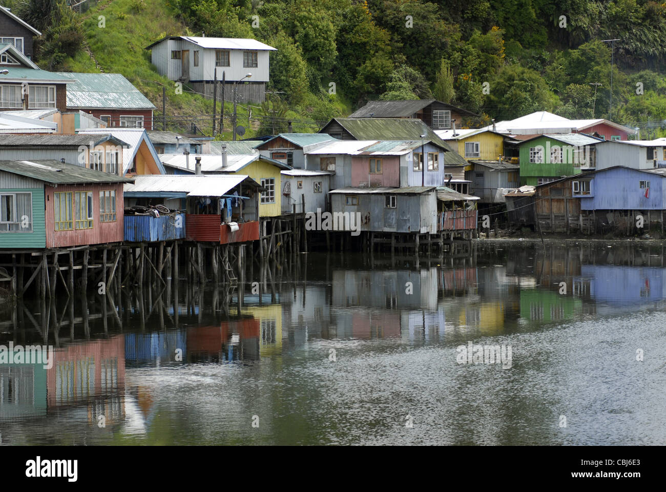 Palafitos (house built on stilts) at Castro, Chiloe Island, Lake's District, Chile Stock Photo