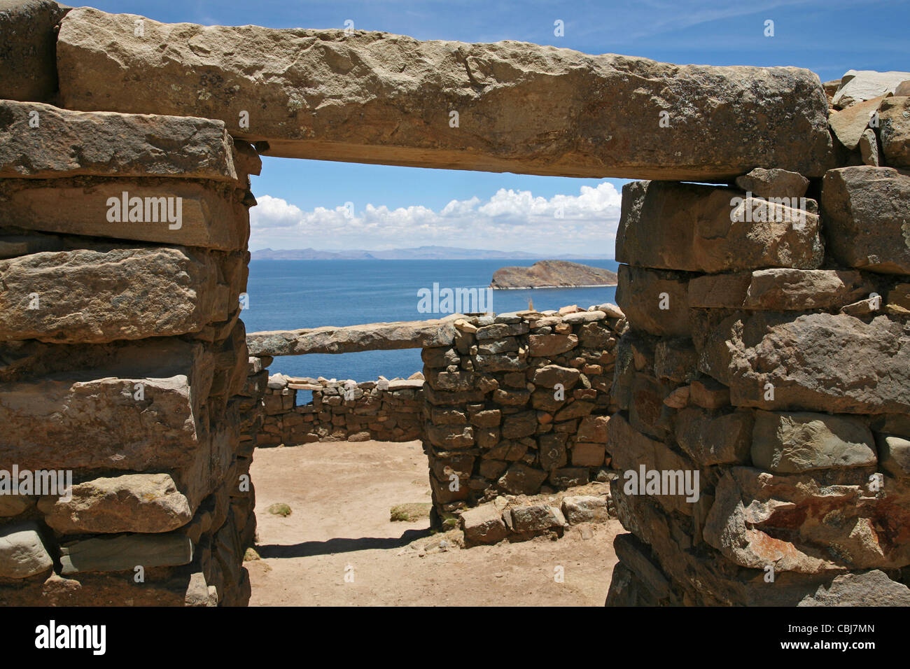 Ruins of the Inca temple Templo del Sol / Temple of the sun on the island Isla del Sol in Lake Titicaca, Bolivia Stock Photo