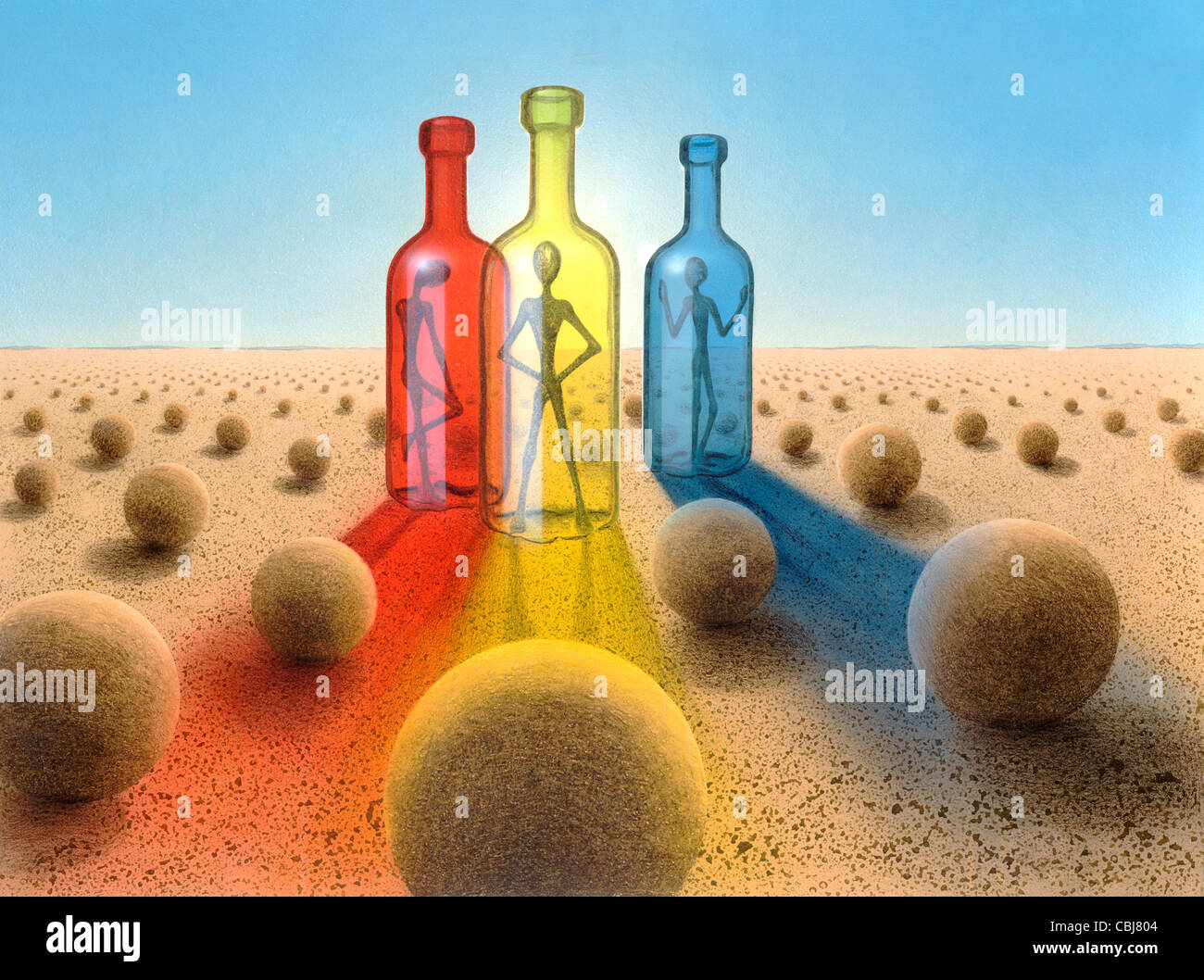 surreal picture painted by me named 'Three Bottles'.Its showing three colored glass bottles with alien-like figures inside, Stock Photo