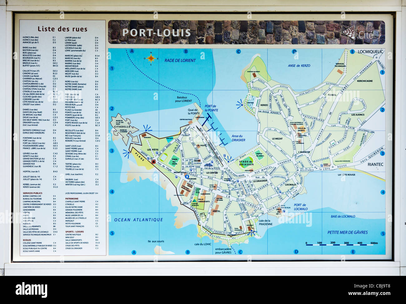 Town map of Port Louis, Brittany, France on notice board Stock Photo