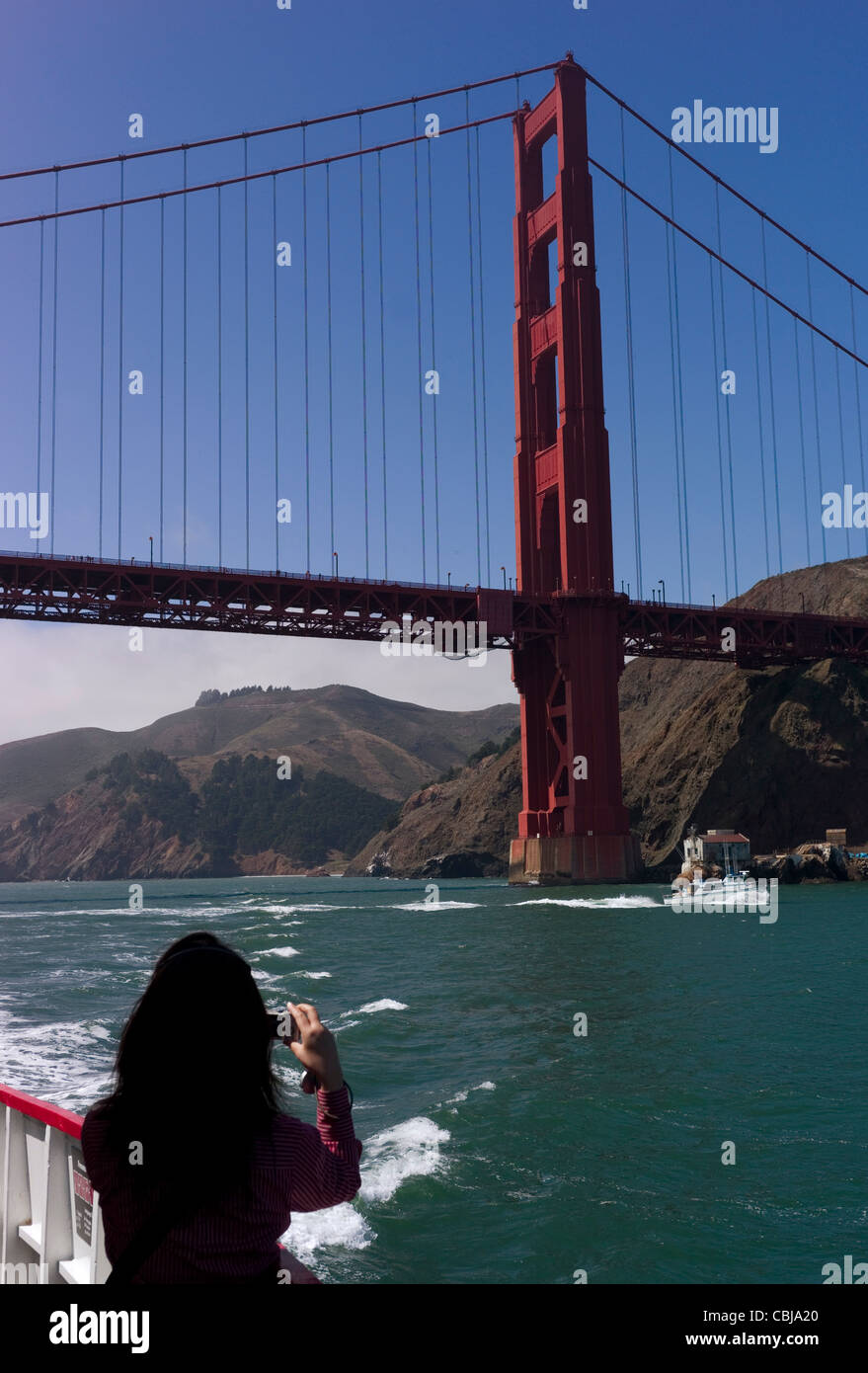 Sailing on San Francisco Bay nautical tourism Coit Tower Transamerica pyramid bridge span water bay sailboat Stock Photo