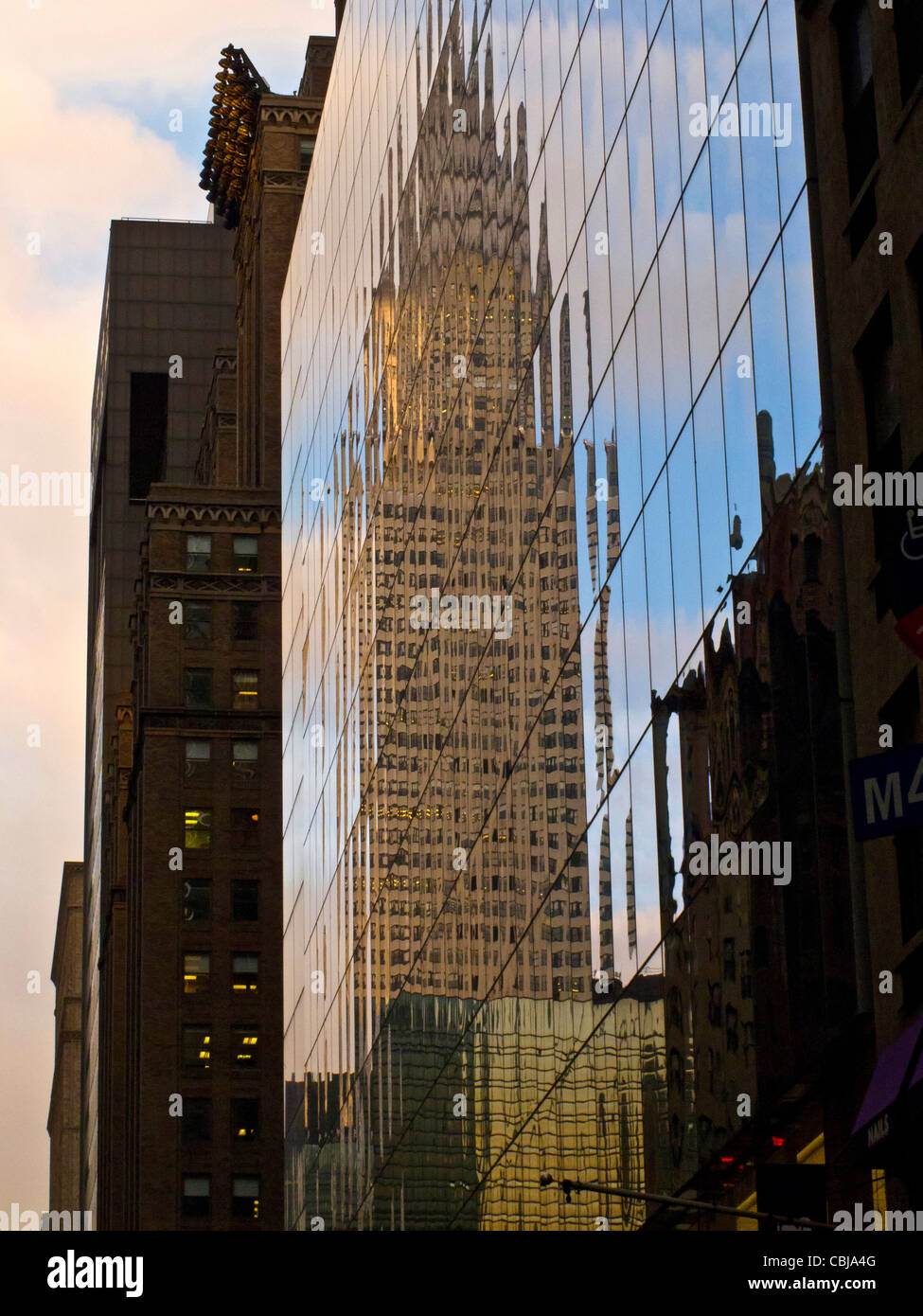 Reflection of Chrysler Building from another building at dusk,Manhattan, New York City, New York, USA Stock Photo
