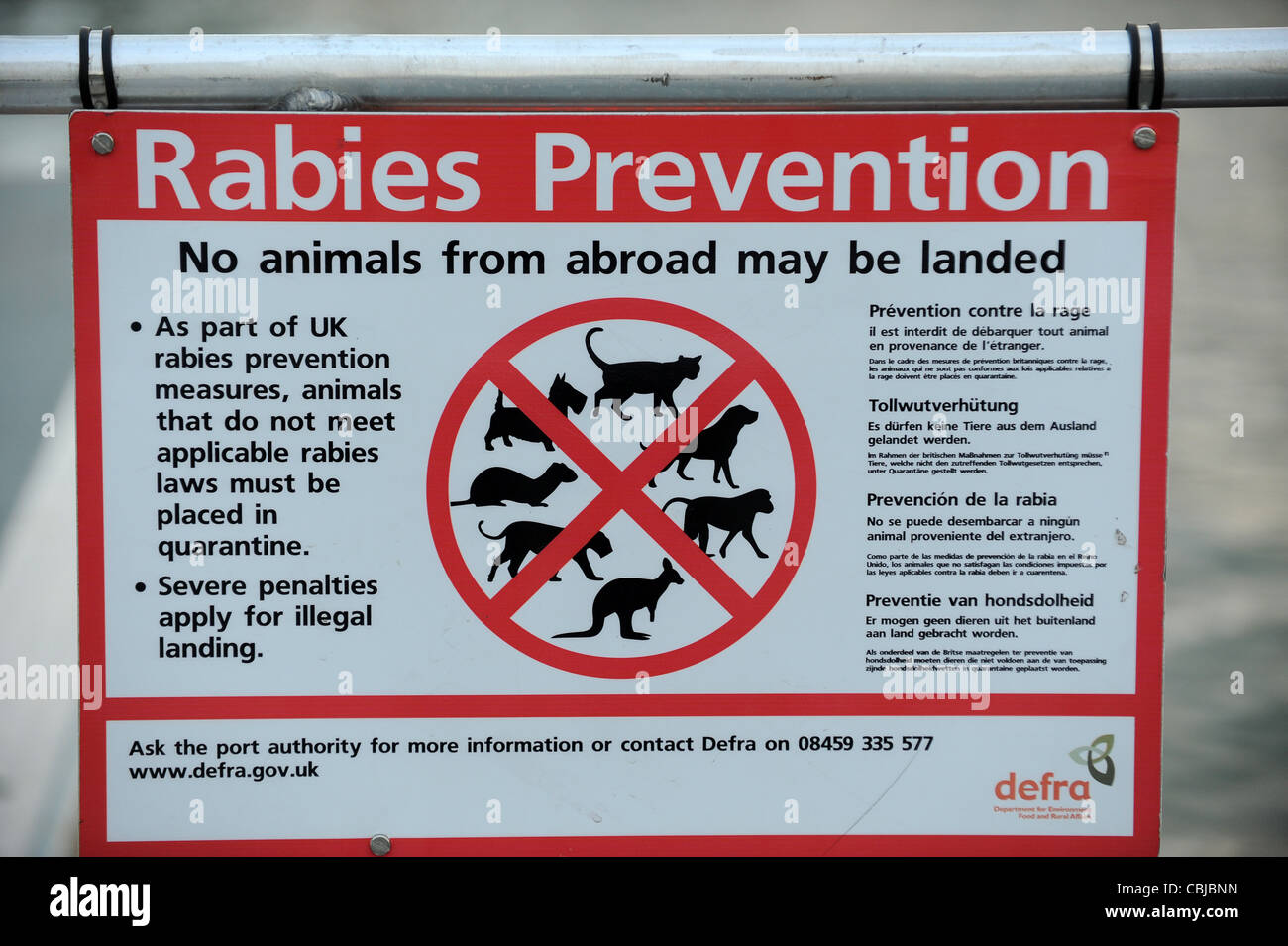A Defra Rabies Prevention sign at Salcombe Harbour Uk Stock Photo