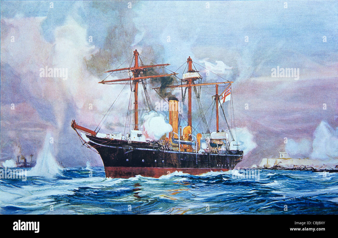 Bombardment of Alexandria, Egypt, July 1882, by the 'Condor' sloop of the British Royal Navy. Painting by Charles Dixon (1901) Stock Photo