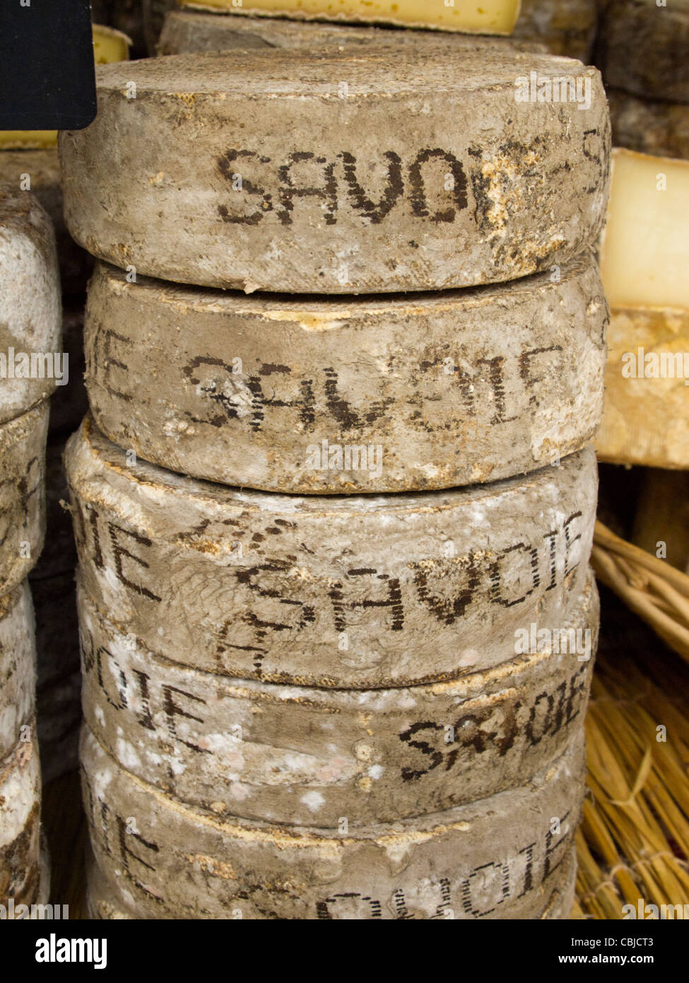 Cheeses in the market, Chamonix, France Stock Photo