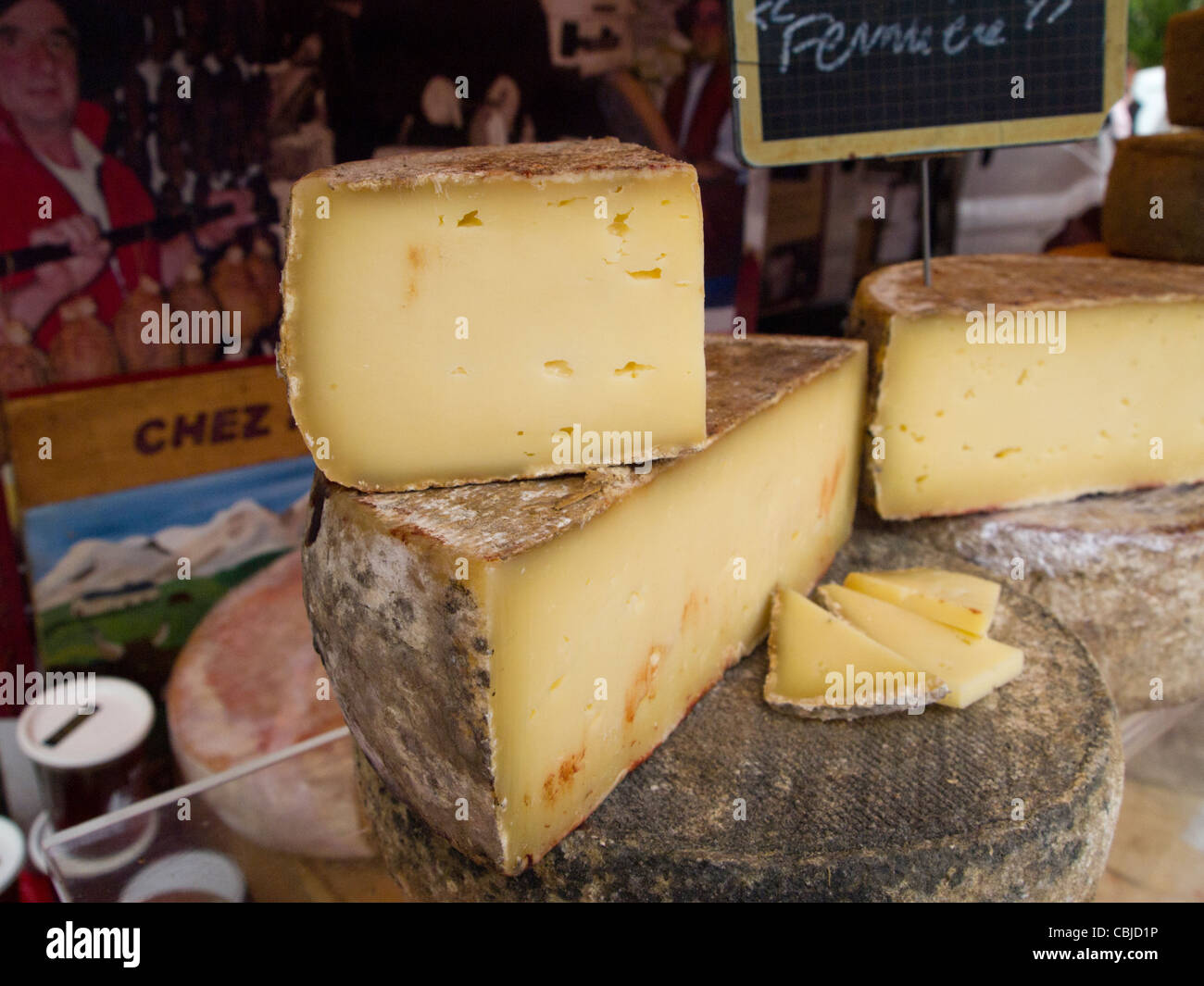 Cheeses in the market, Chamonix, France Stock Photo