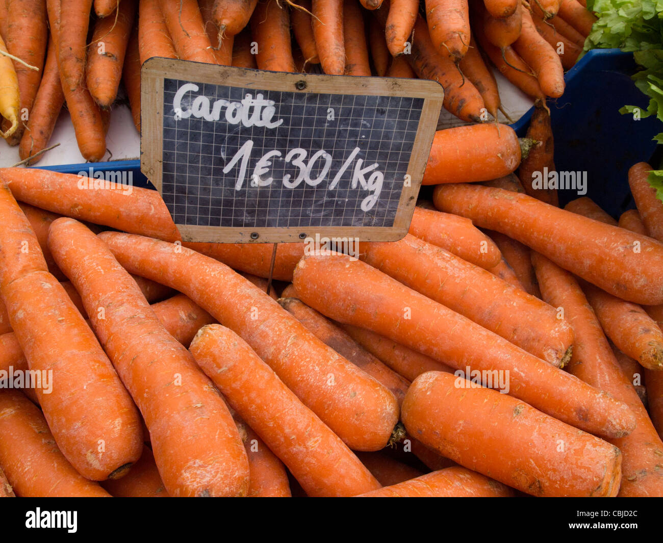 Carrots on sale at the farmer's market, Chamonix, France Stock Photo