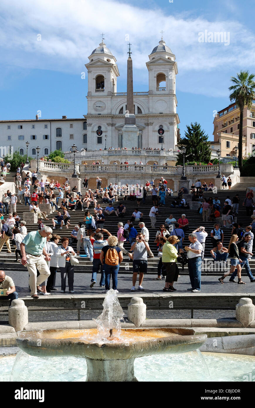 Spanish steps of the Piazza di Spagna in Rome with the church Trinita dei Monti. Stock Photo