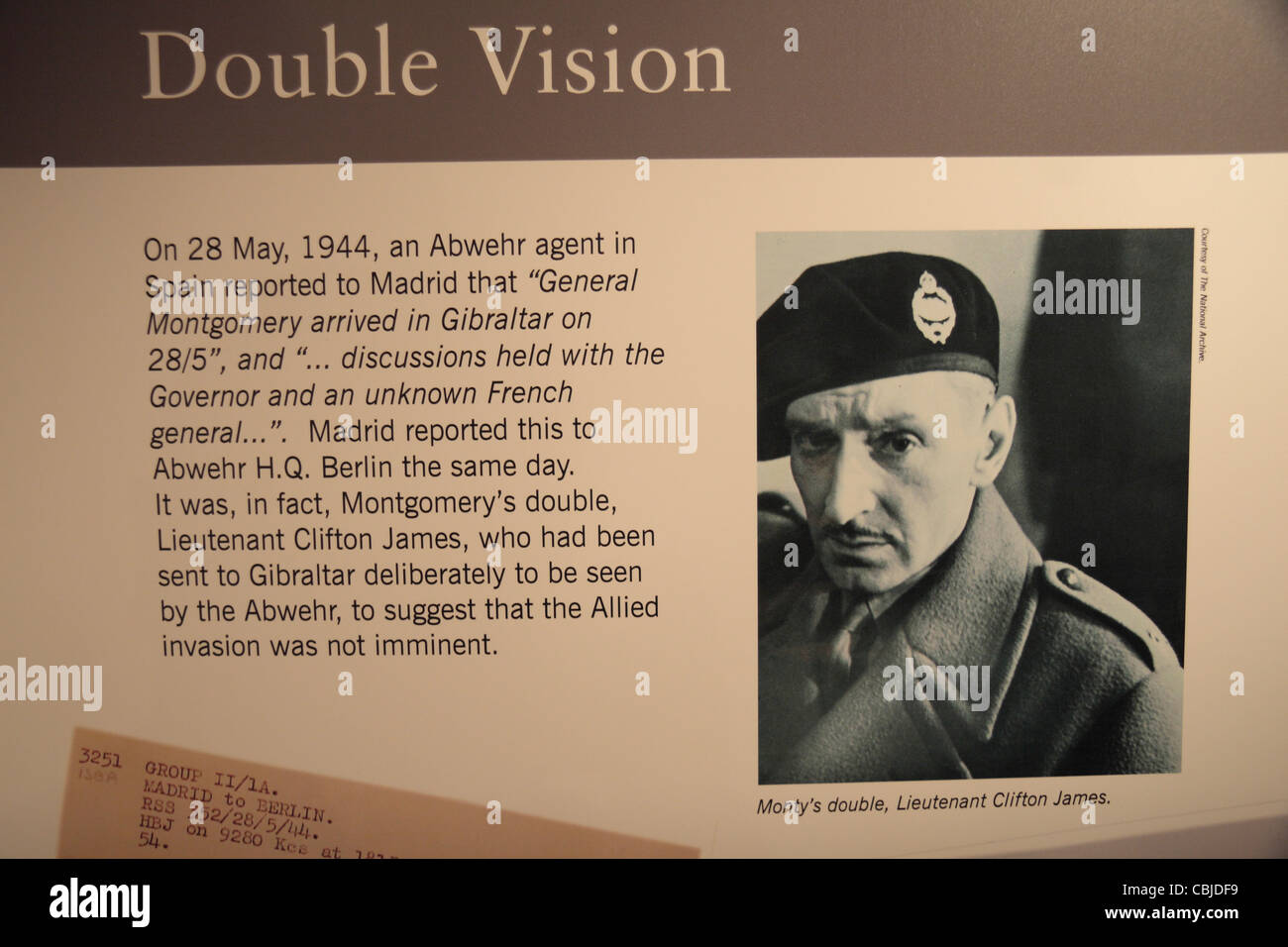 Information panel 'Double Vision', about Lt Clifton James, Monty's double, in Bletchley Park, Bletchley. Buckinghamshire, UK. Stock Photo