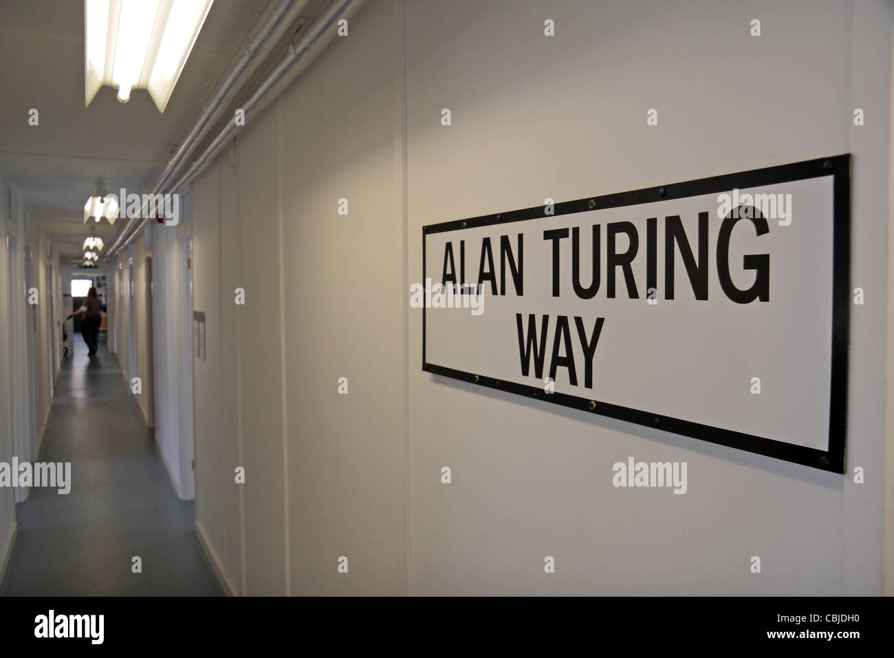 Sign for 'Alan Turing Way' inside hut 8 in Bletchley Park, Bletchley. Buckinghamshire, UK. Stock Photo