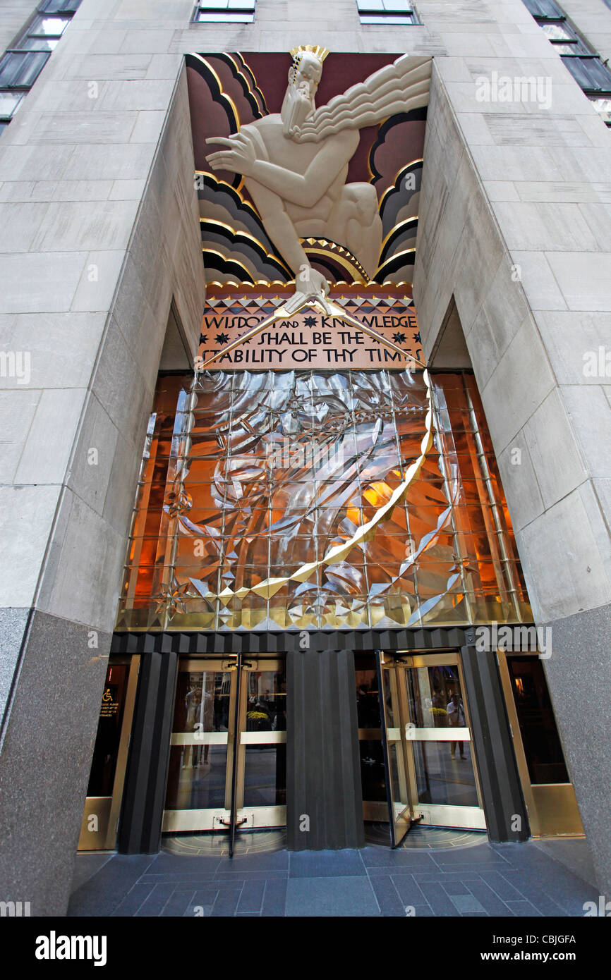 The Rockefeller Centre art deco entrance on Rockefeller Plaza, New York, United States of America Stock Photo