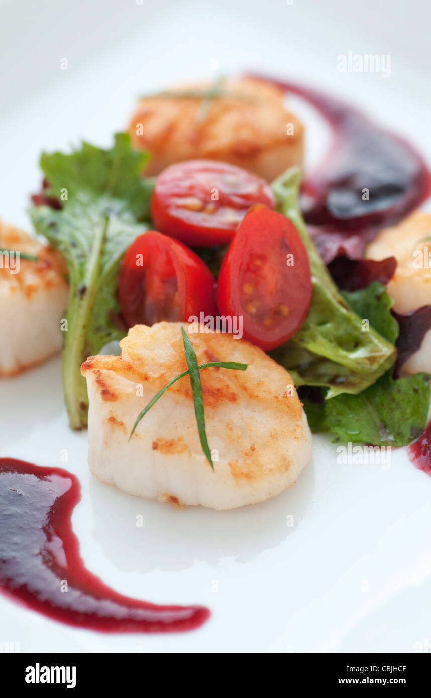 Perfectly seared scallop starter with bright cranberry and balsamic