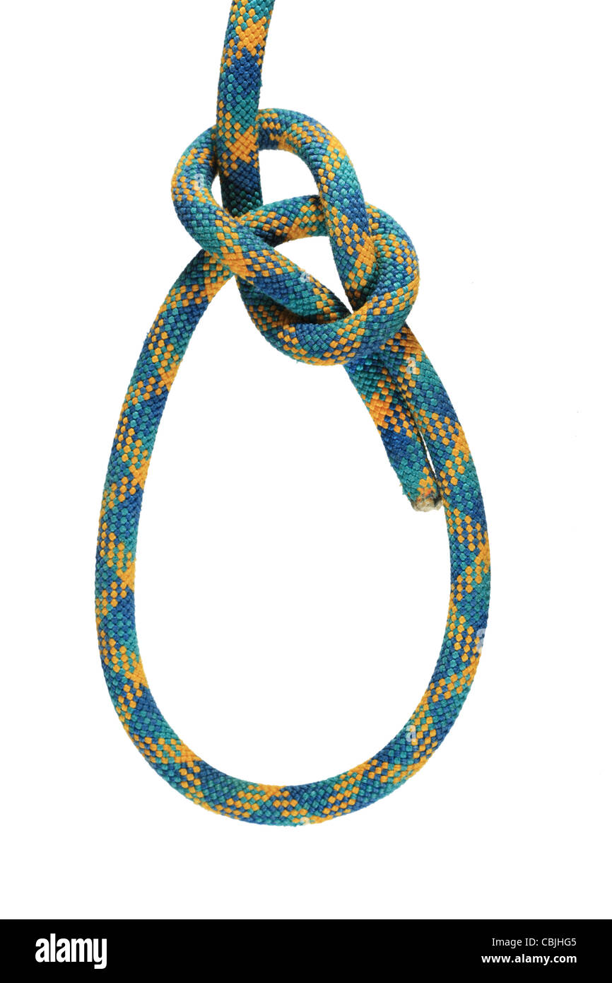 bowline loop knot in yellow, blue, and green climbing rope isolated on