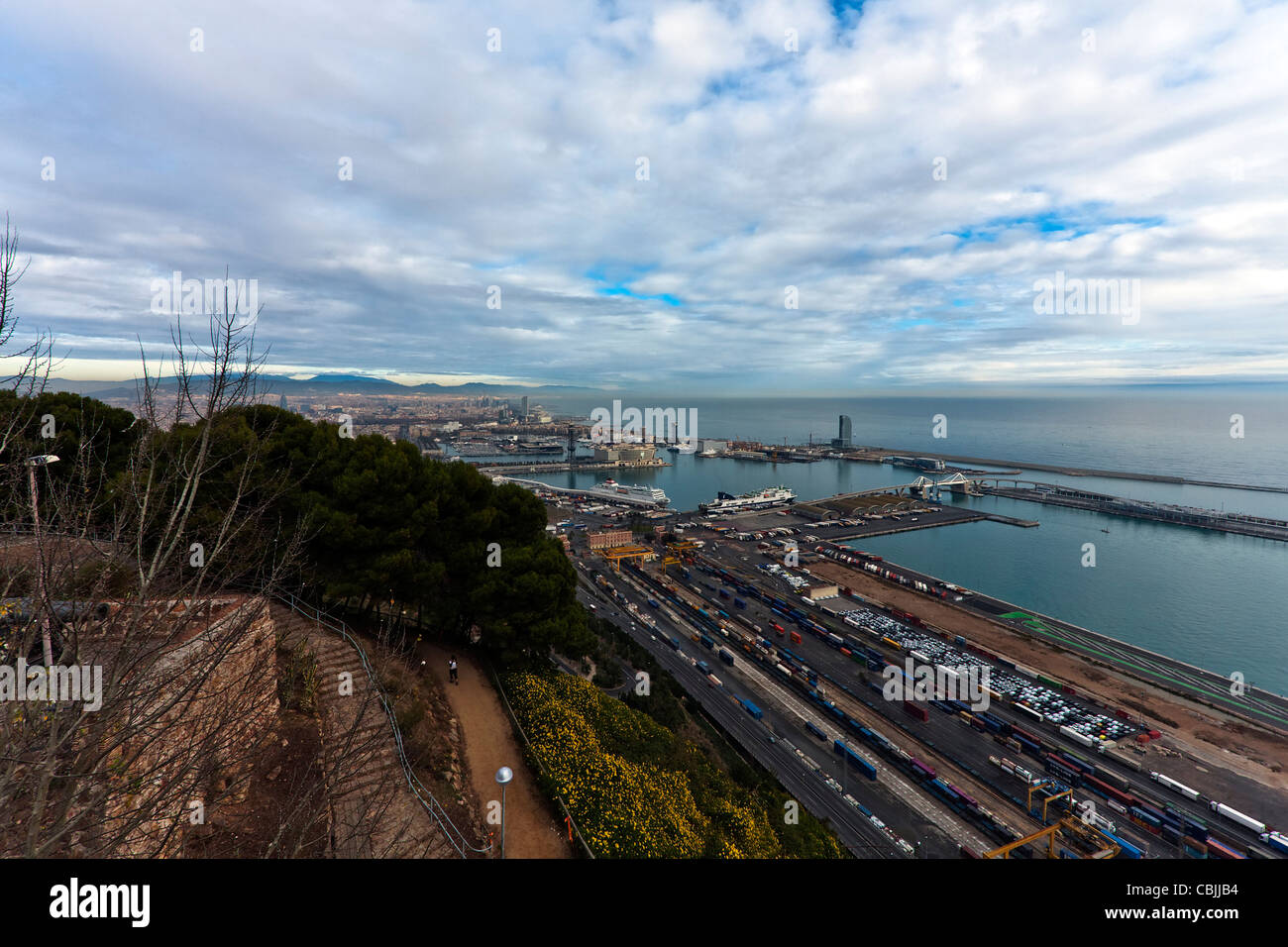 View over the Port of Barcelona from the Castell de Montjuic, Barcelona, Catalunya, Spain Stock Photo