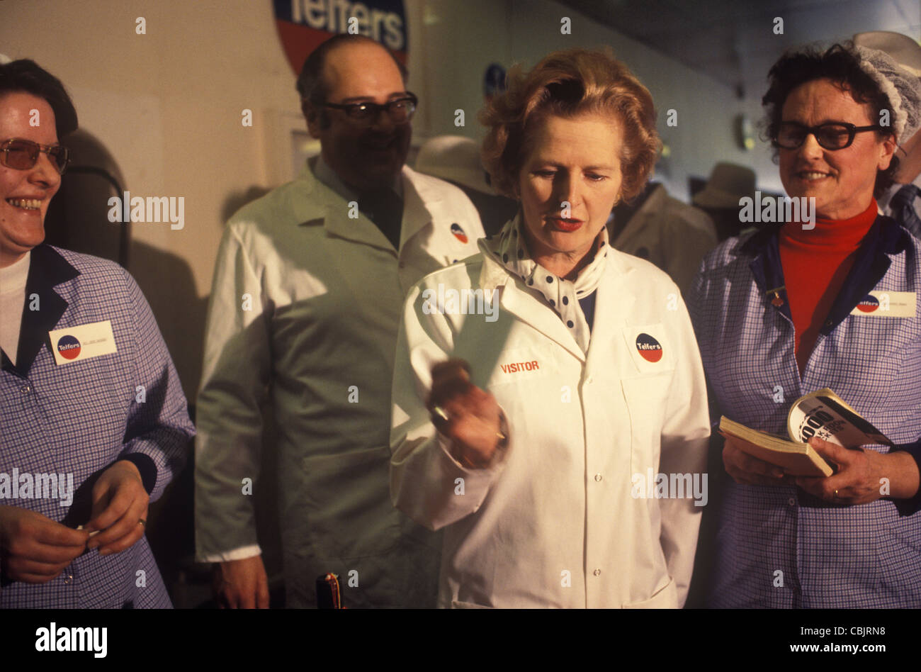 Maggie Margaret Thatcher on factory visit to Telfers meat pie factory during the 1978  campaigning  Northampton England. Preparing for the 1979 General Election. 1970s UK HOMER SYKES Stock Photo