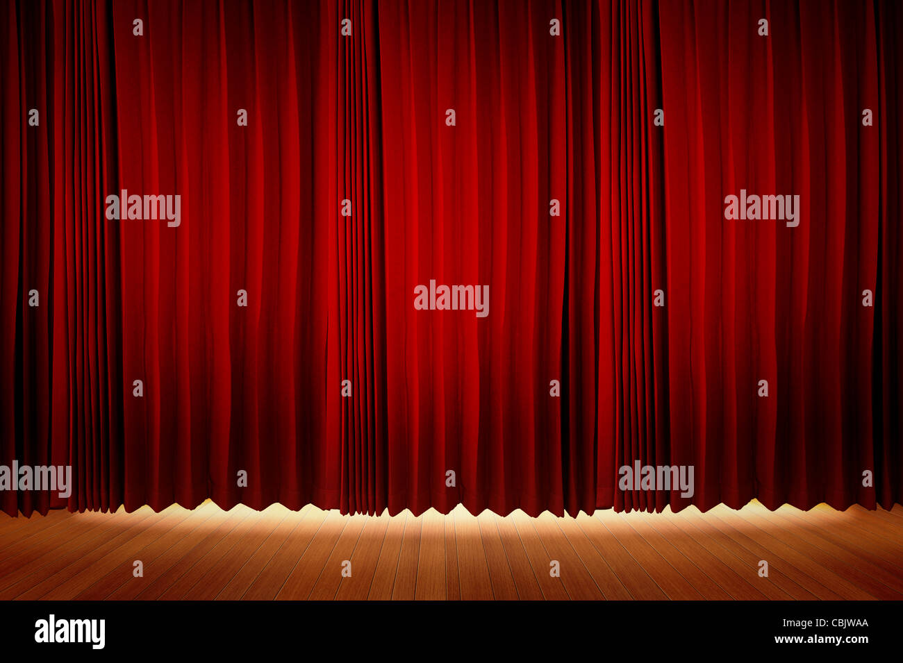 Red Velvet Stage Curtains with Stage Floor Stock Photo