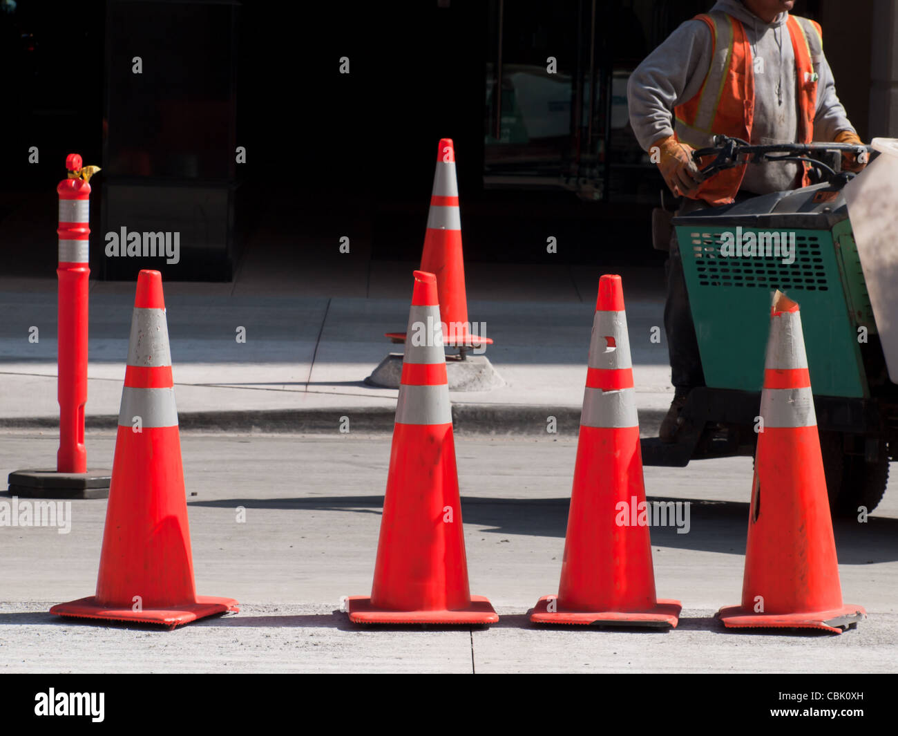 Row of traffic cones in downtown Denver, Colorado Stock Photo Alamy