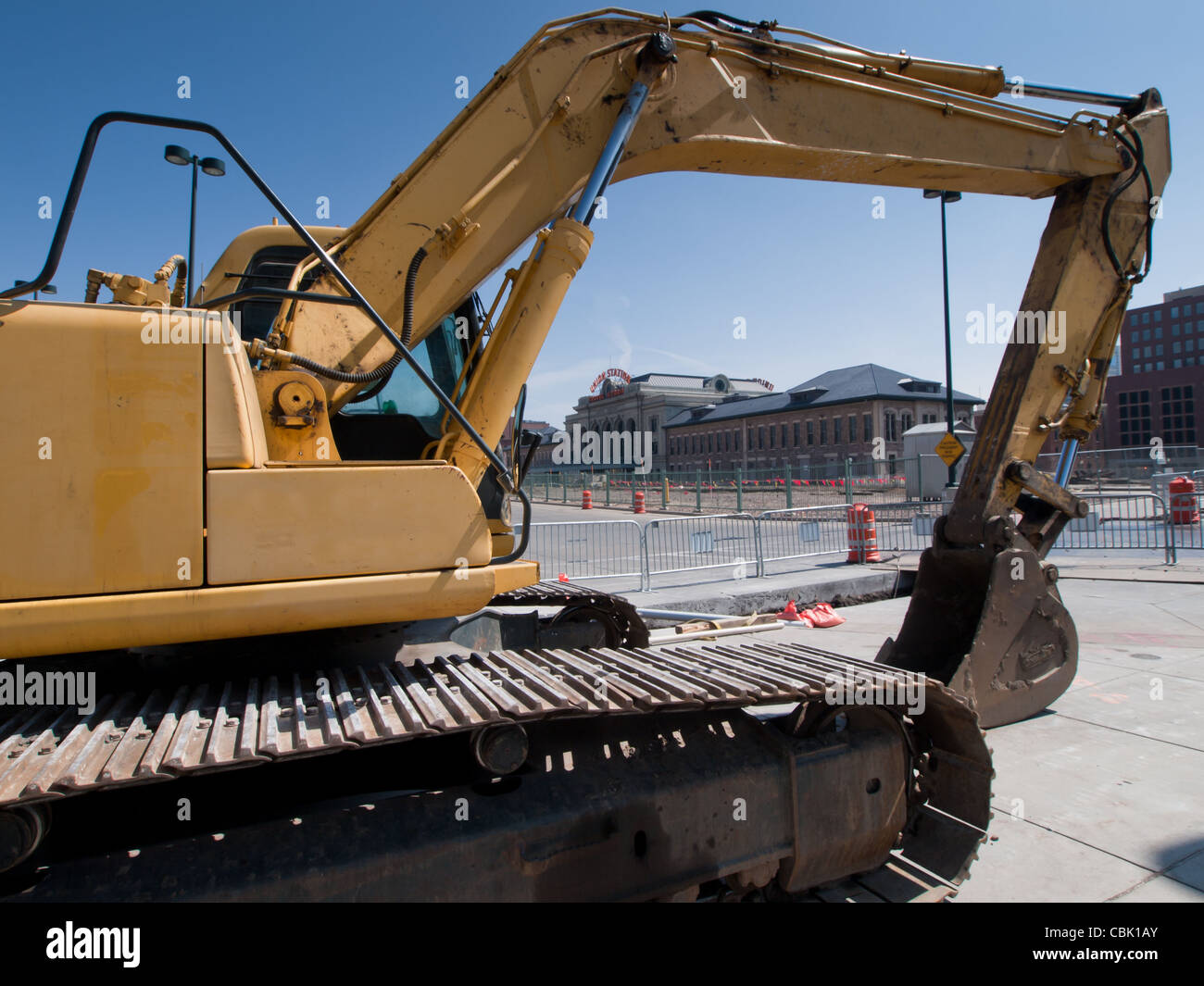 Large Excavator at the sonstruction site of the Union Station in Denver, Colorado. Stock Photo