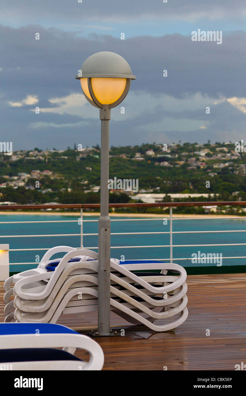 Sun Loungers Stacked on Deck of Cruise Ship Arcadia in Bridgetown Stock