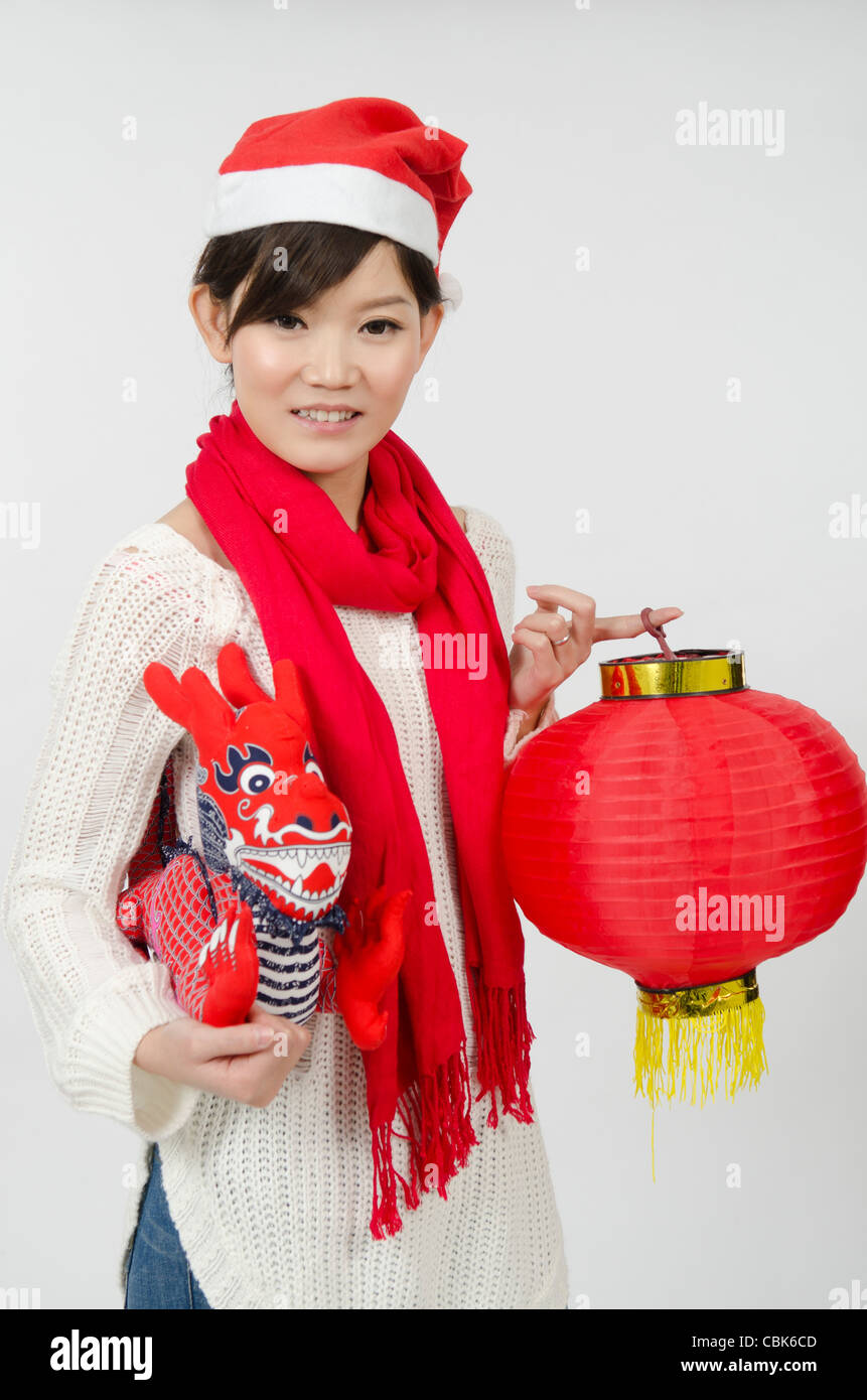 Asian Young girl Happy with Chinese New year and Christmas Coming Stock ...