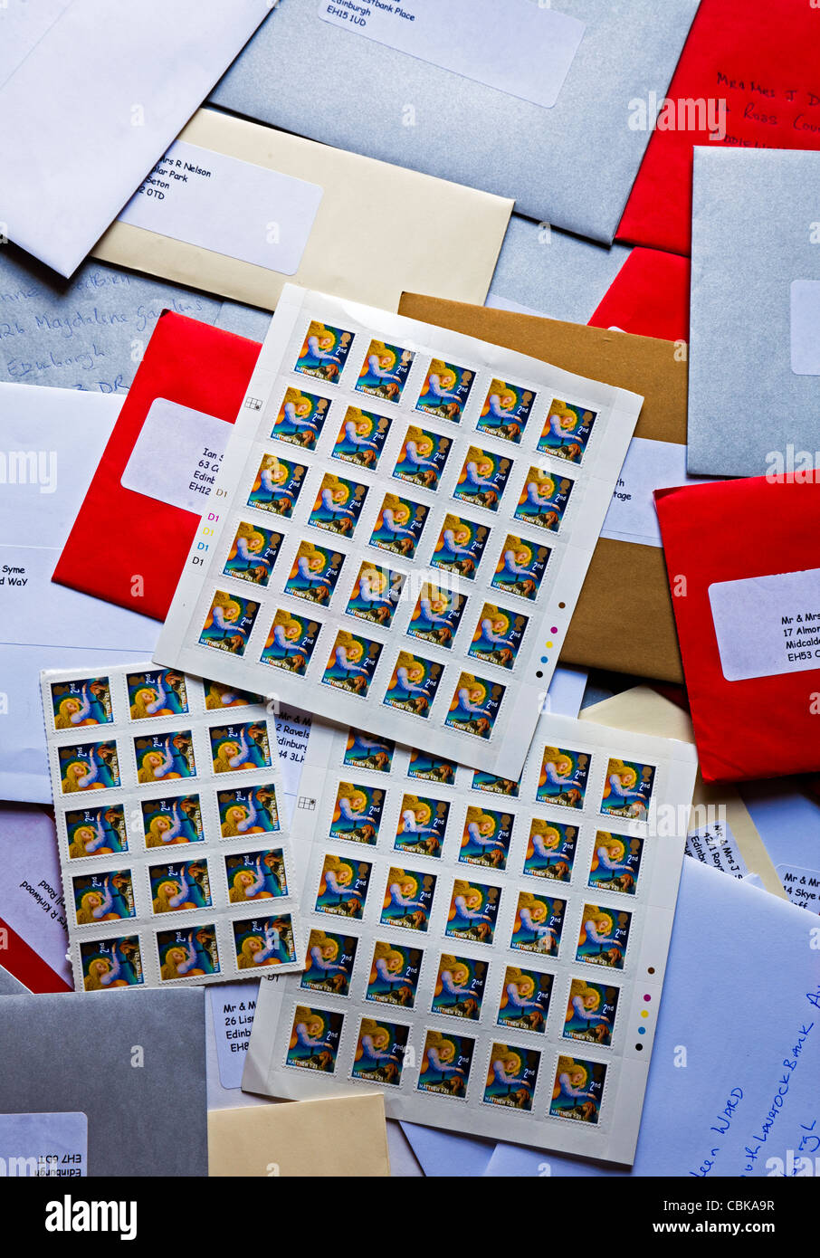 Second class Stamps and cards in envelopes at christmas UK Europe Stock