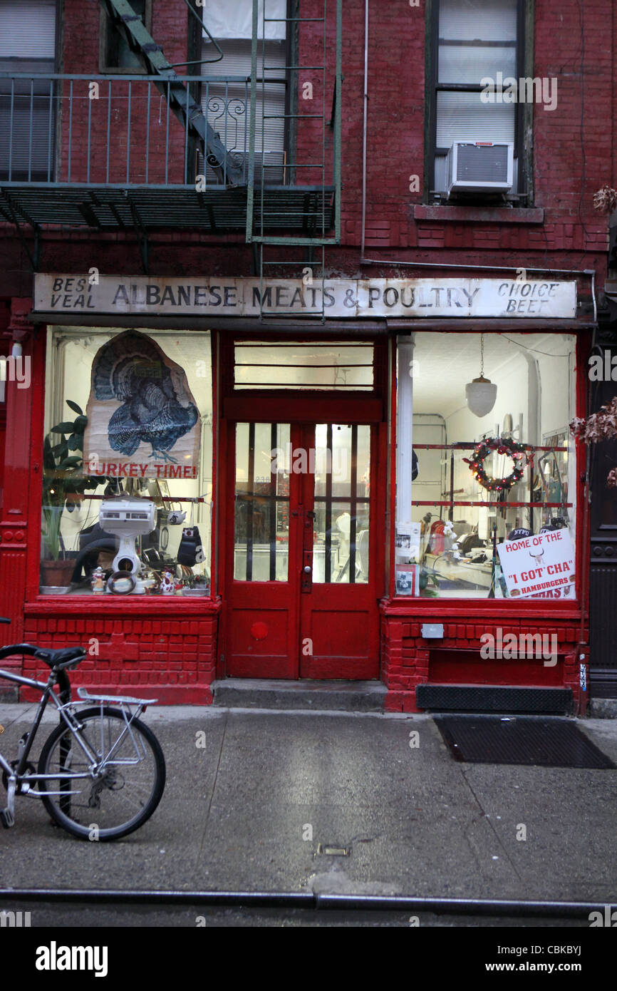 Albanian Butcher's Shop, Lower East Side, Manhattan, New York City, NYC, USA. Stock Photo