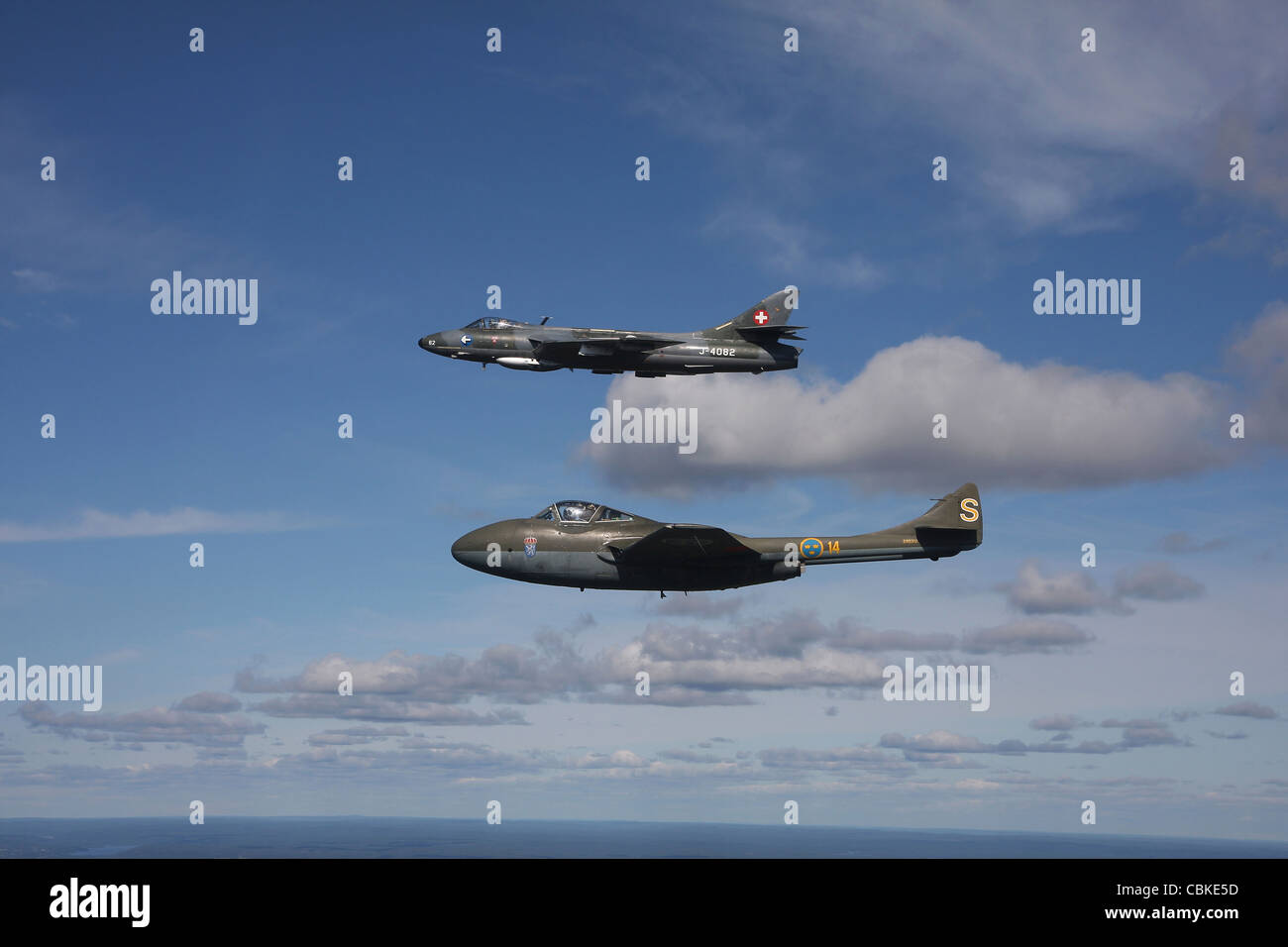 de Havilland DH 110 Vampire and Hawker Hunter vintage jet fighters of the  Swedish Air Force Historic Flight Stock Photo - Alamy