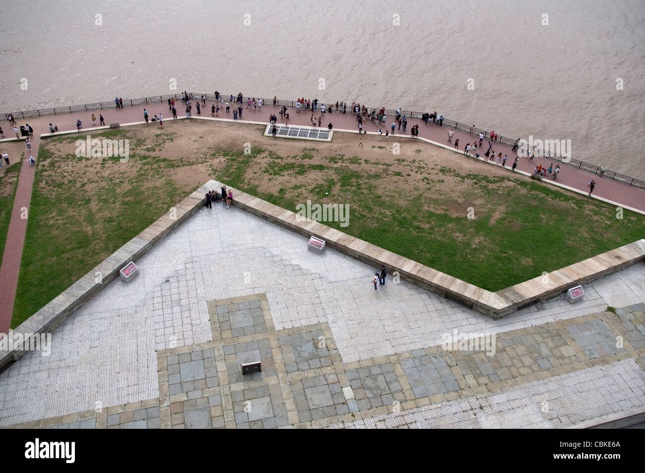 View from observation Level of the Statue of Liberty looking down on roof of star shaped Fort Wood and island promenade Stock Photo