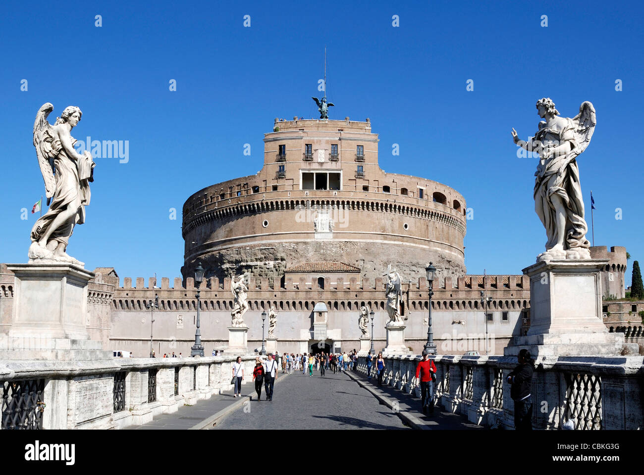Angel castle with the Angel bridge at the Tiber in Rome - Mausoleum of Hadrian. Stock Photo