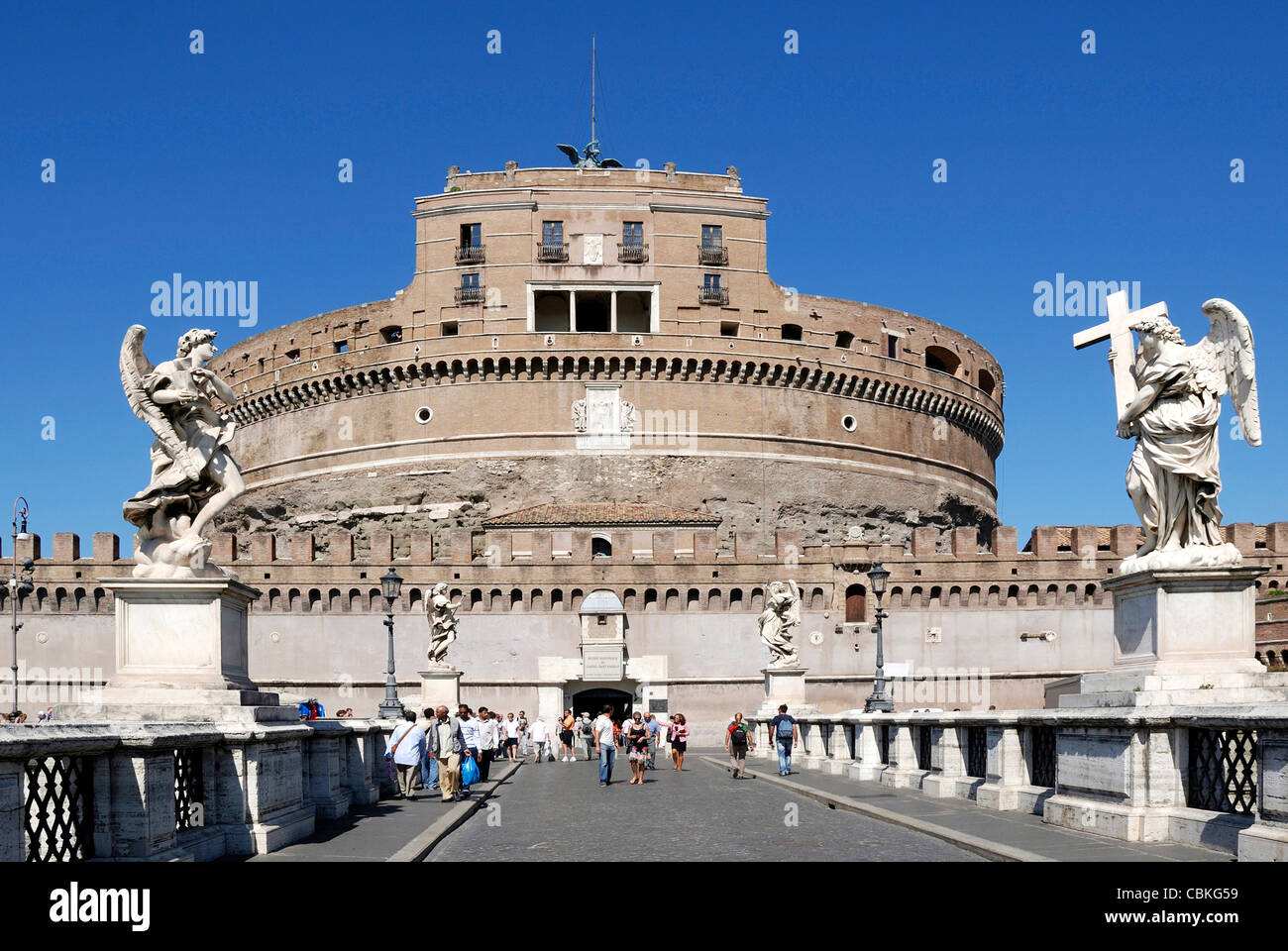 Angel castle with the Angel bridge at the Tiber in Rome - Mausoleum of Hadrian. Stock Photo