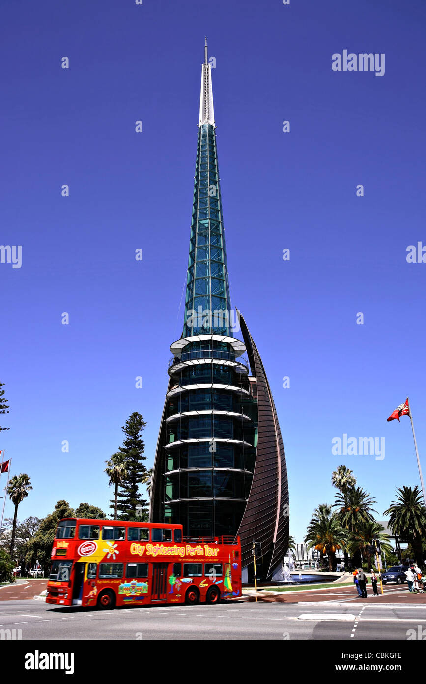 Swan Bells-tower and red sight-seeing tourist bus, Perth, Western Australia, Australia Stock Photo