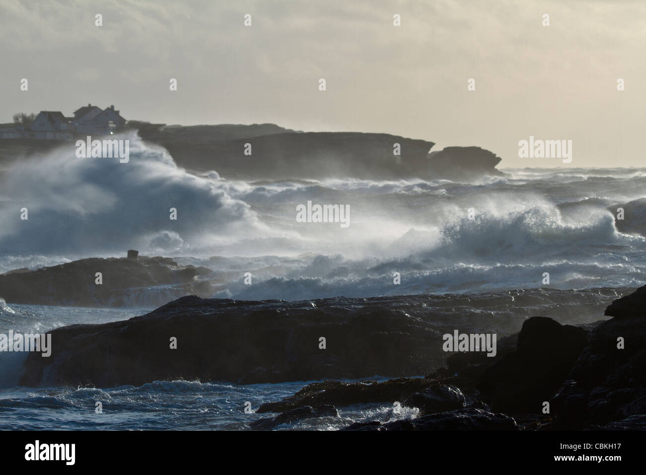 Storm waves crashing in Trearddur Bay, Anglesey on the 13 December 2011 Stock Photo