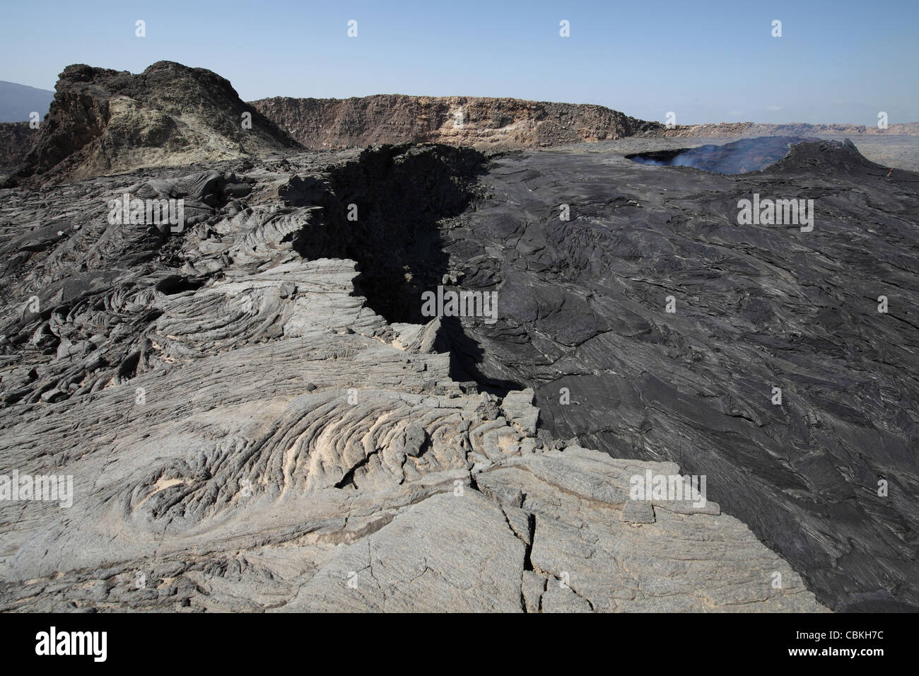 South pit crater filled by basaltic lava flows with inactive hornito to left, Erta Ale volcano, Danakil Depression, Ethiopia. Stock Photo
