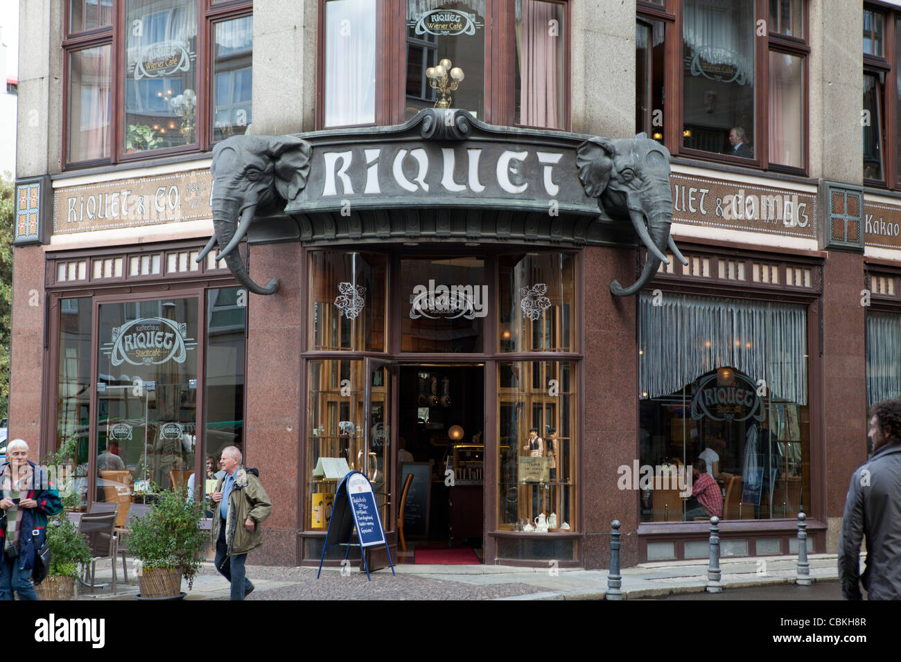 Famous cafè Riquet in Leipzig with elephant heads on its sign. Stock Photo