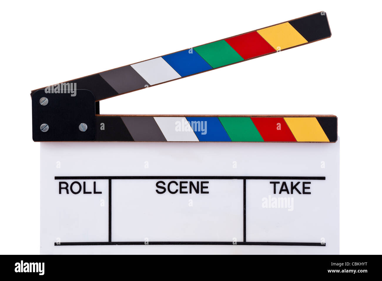 a blank color movie clapperboard on a white background Stock Photo