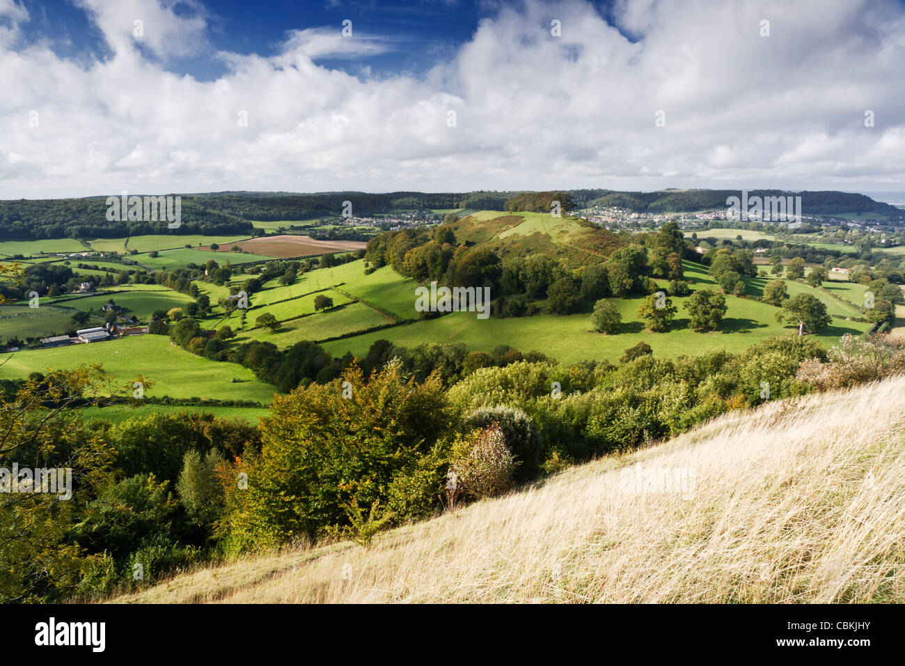 View from Uley Bury in Gloucestershire, looking toward Dursley Stock Photo