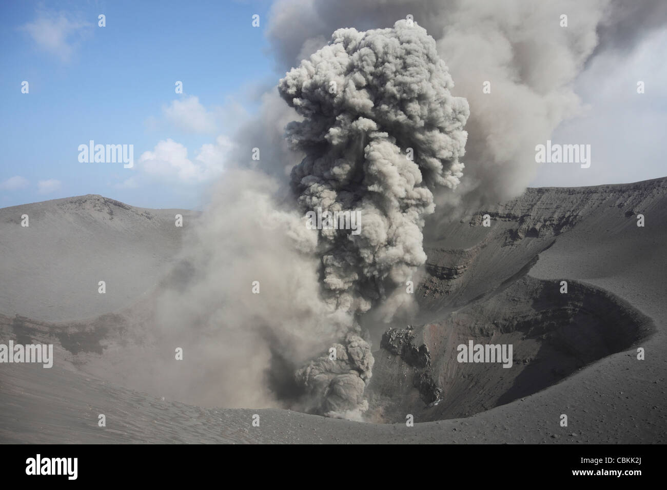 May 30, 2010 - Explosive eruptions with ash cloud, summit craters, Yasur Volcano, Tanna Island, Vanuatu. Stock Photo
