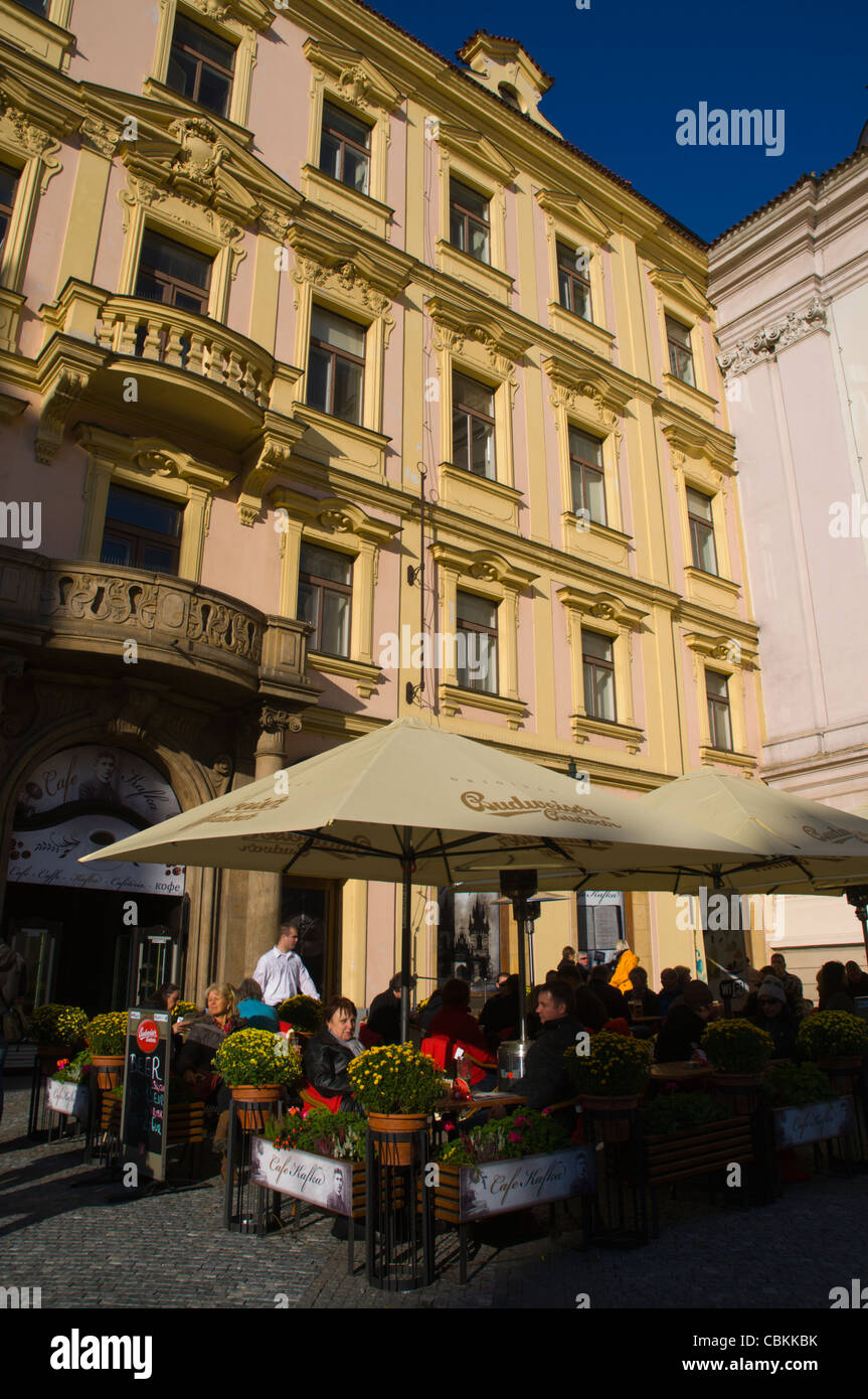 New cafe terrace at namesti Franzy Kafky square Stare Mesto the old town Prague Czech Republic Europe Stock Photo